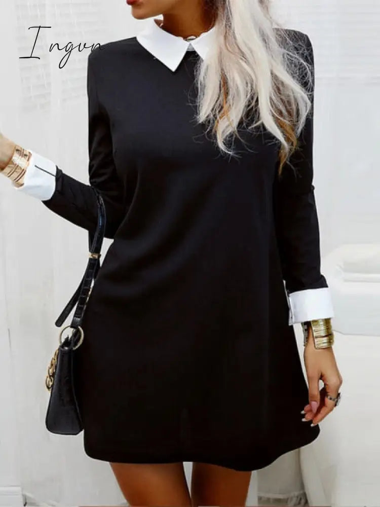 Ingvn - Dresses For Women Color Block Long Sleeve Mini Dress Autumn Office Ladies Elegant Turn Down