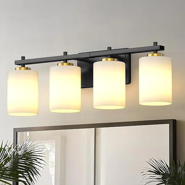 Bathroom Light Fixtures, 4-Light Udgraded Black and Gold Bathroom Lighting Fixtures Over Mirror with Milk Glass Shade,Modern Vanity Lights for Bathroom, ETL Listed Black and Gold 4-Light