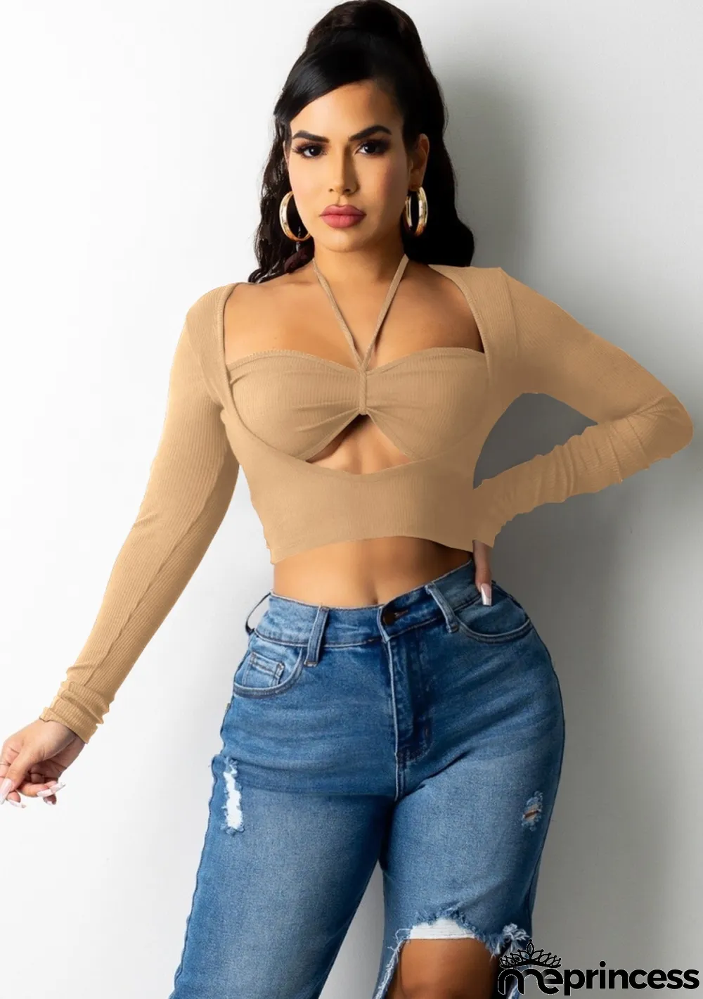 Autumn Party Cut Out Sexy Long Sleeve Crop Top Khaki