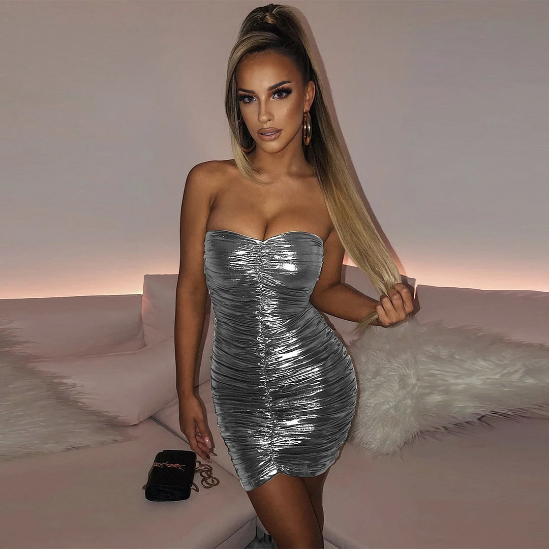 Articat Strapless Bronzing Gold Mini Dress For Women Summer Sexy Backless Ruched Vestidos Sleeve Bodycon Nightclub Party Dress