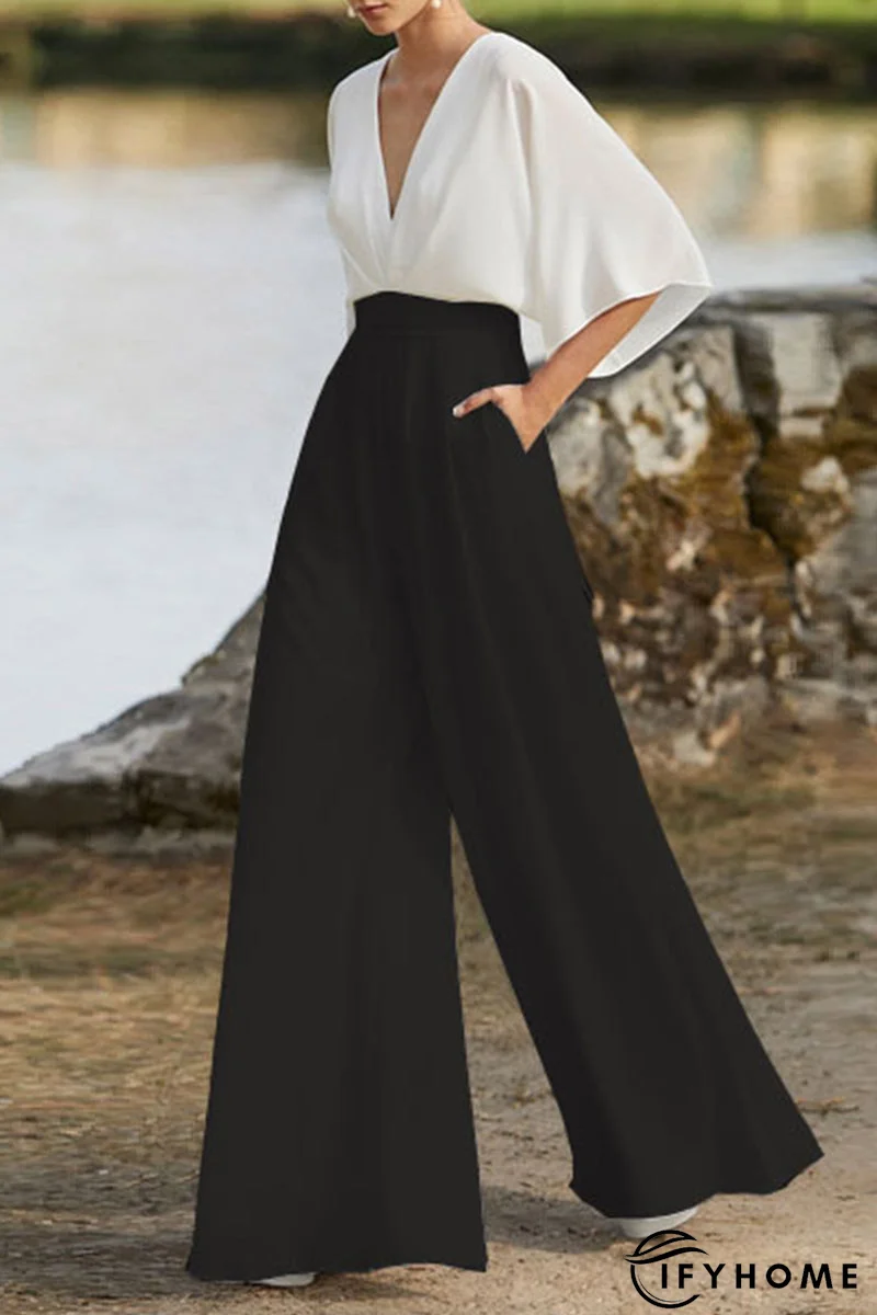 British Style Elegant Color Block Pocket Contrast V Neck Loose Jumpsuits | IFYHOME