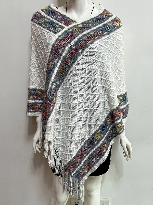 Loose Asymmetric Tasseled V-Neck Cape Shawl&Cloak
