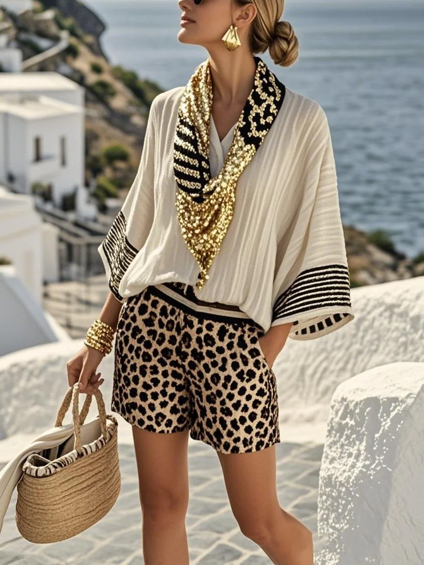 Women'S Casual Cotton And Linen Holiday Striped Leopard Print Loose Top Shorts Scarf Set 