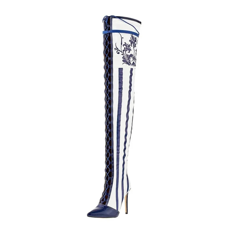 white and Navy Stripes Floral Thigh High Lace Up Boots |FSJ Shoes