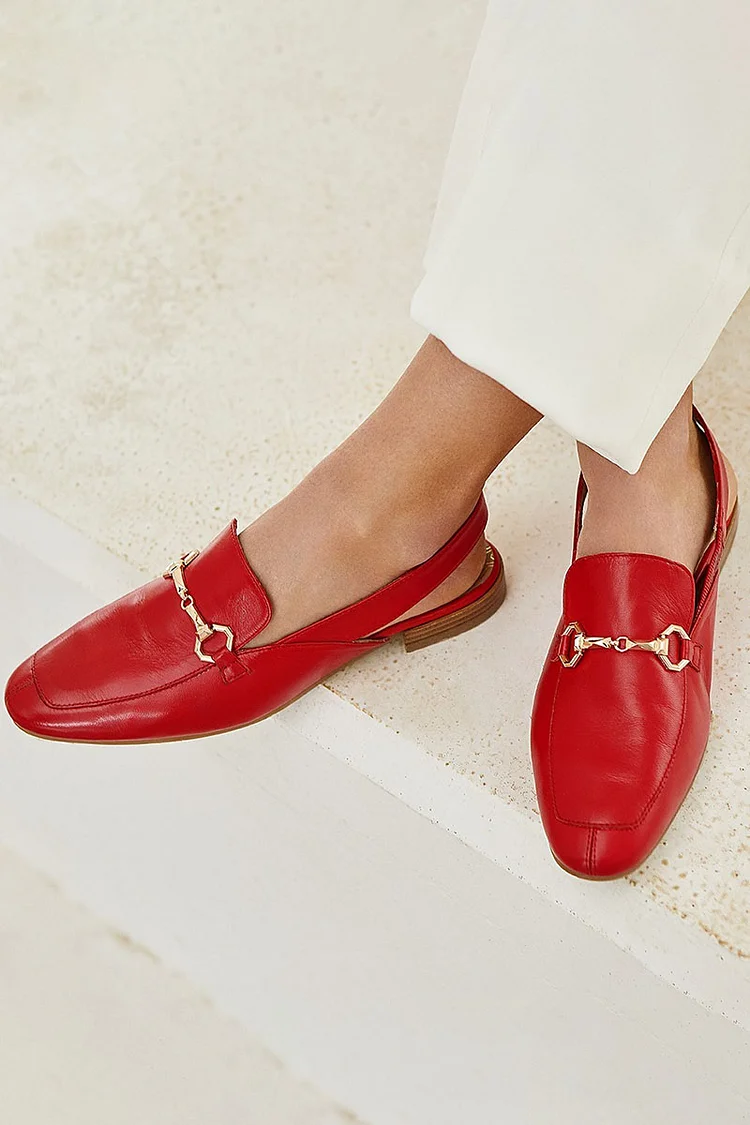 Metallic Buckle Patchwork Round Toe Slingback Red Loafers [Pre Order]