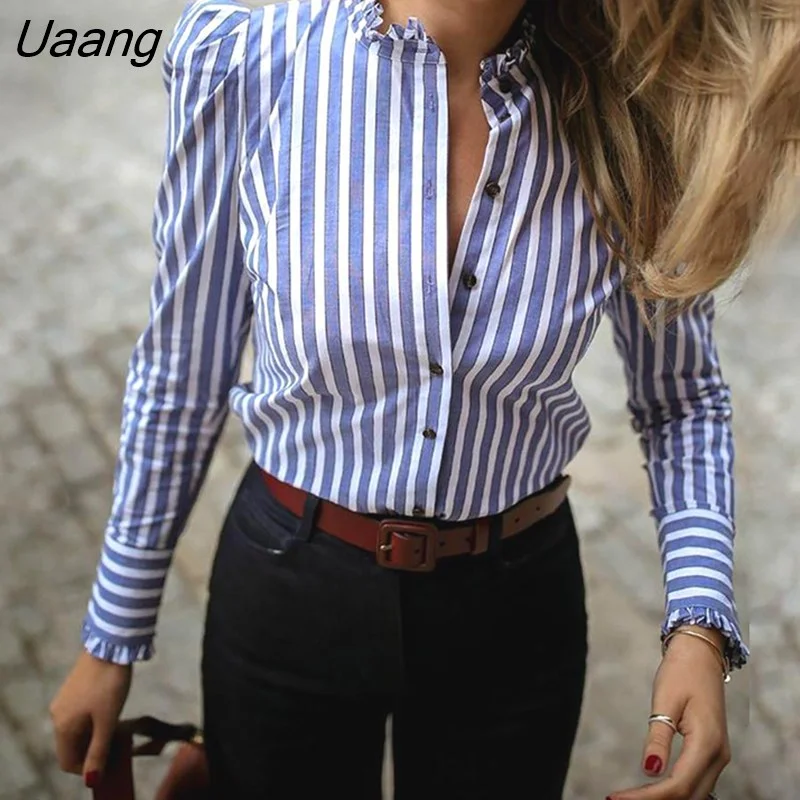Uaang Women Long Sleeve Striped Puffed Sleeve Frill Hem Casual Blouse Elegant Ladies Workwear Shirt Top Blusas Mujer