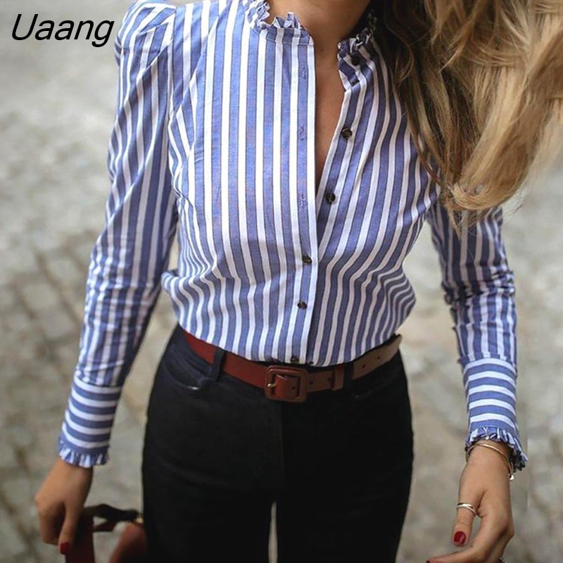 Uaang Women Long Sleeve Striped Puffed Sleeve Frill Hem Casual Blouse Elegant Ladies Workwear Shirt Top Blusas Mujer