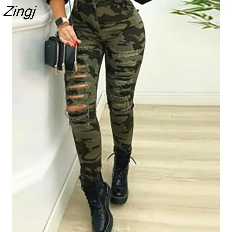 Zingj Autumn Fashion Camouflage Print Fringe Hem Cutout Skinny Jeans Womens Hollow Out Long Pants Casual Trousers Loungewear New