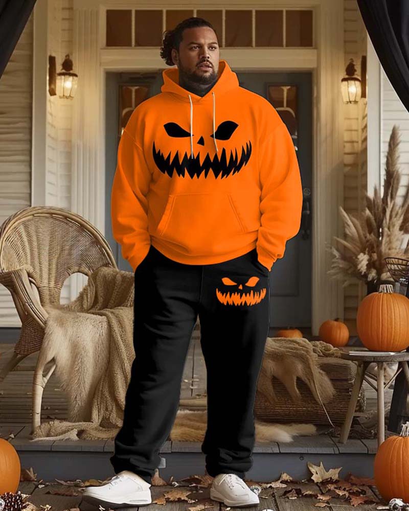Menswear Halloween Simple Evil Smiley Graffiti Print Big and Tall Hoodie Set