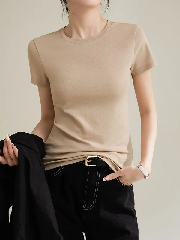Short Sleeves Skinny Solid Color Round-Neck T-Shirts Tops