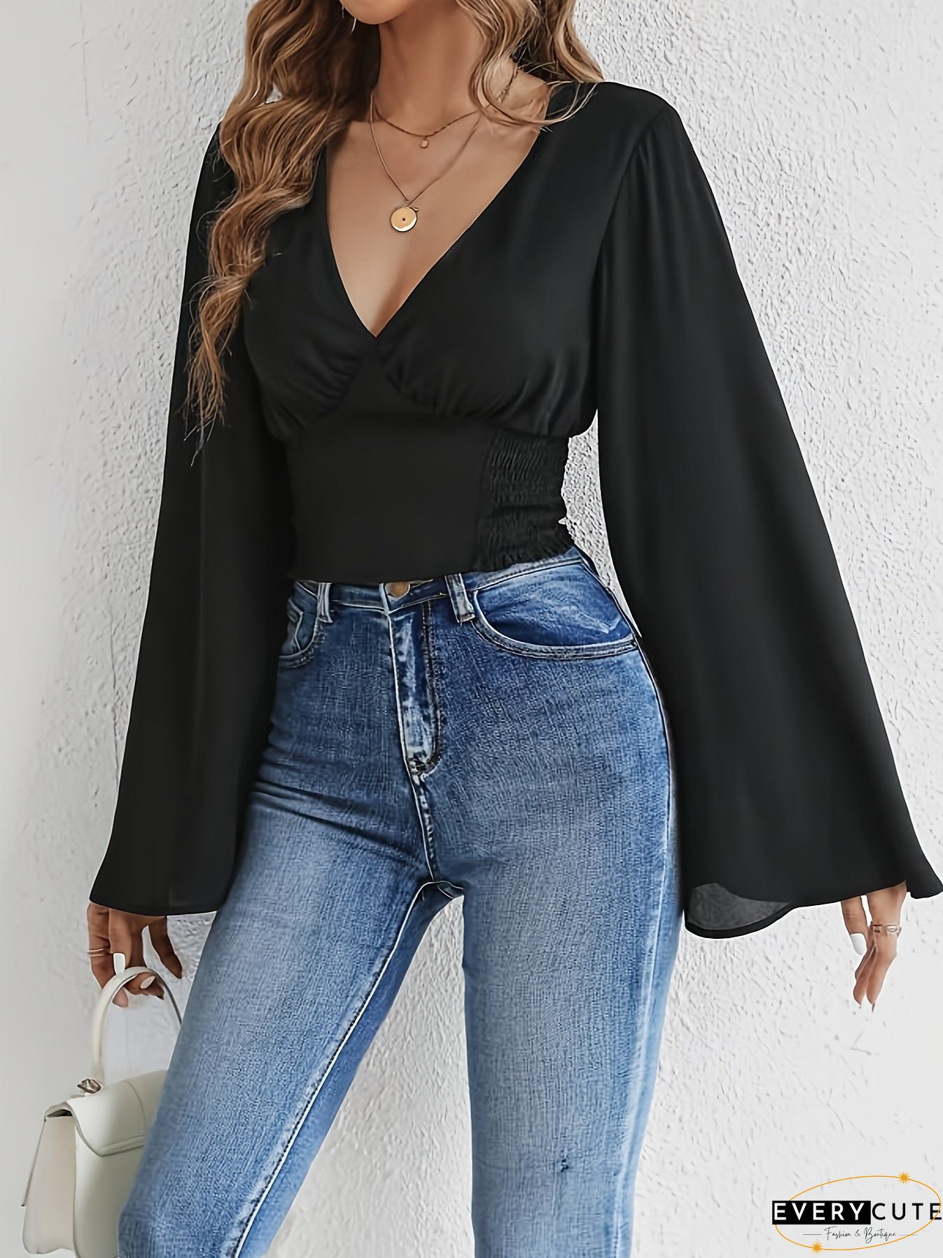 Solid V Neck Blouse, Casual Long Flare Sleeve Blouse For Spring & Fall, Women's Clothing