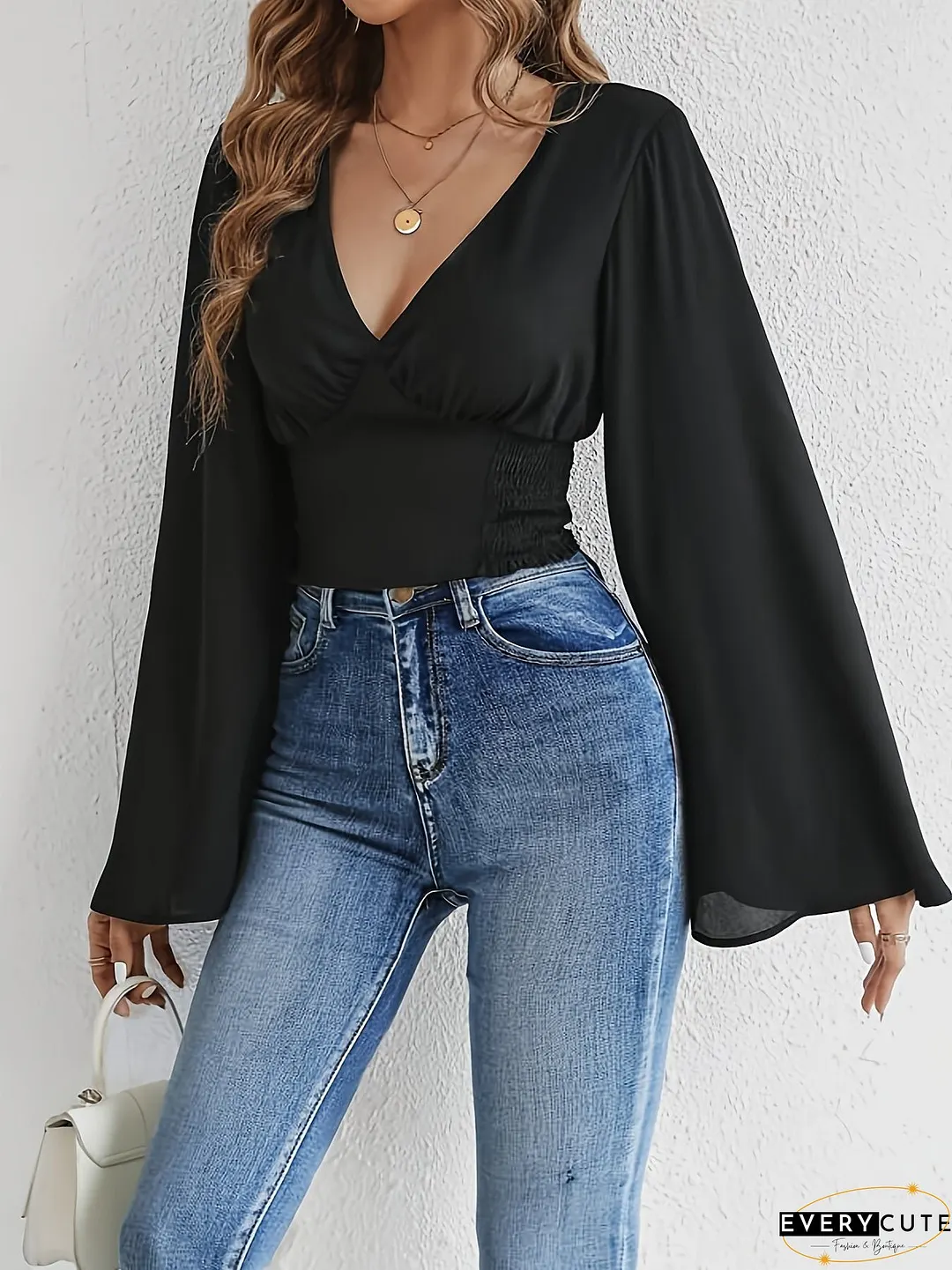 Solid V Neck Blouse, Casual Long Flare Sleeve Blouse For Spring & Fall, Women's Clothing