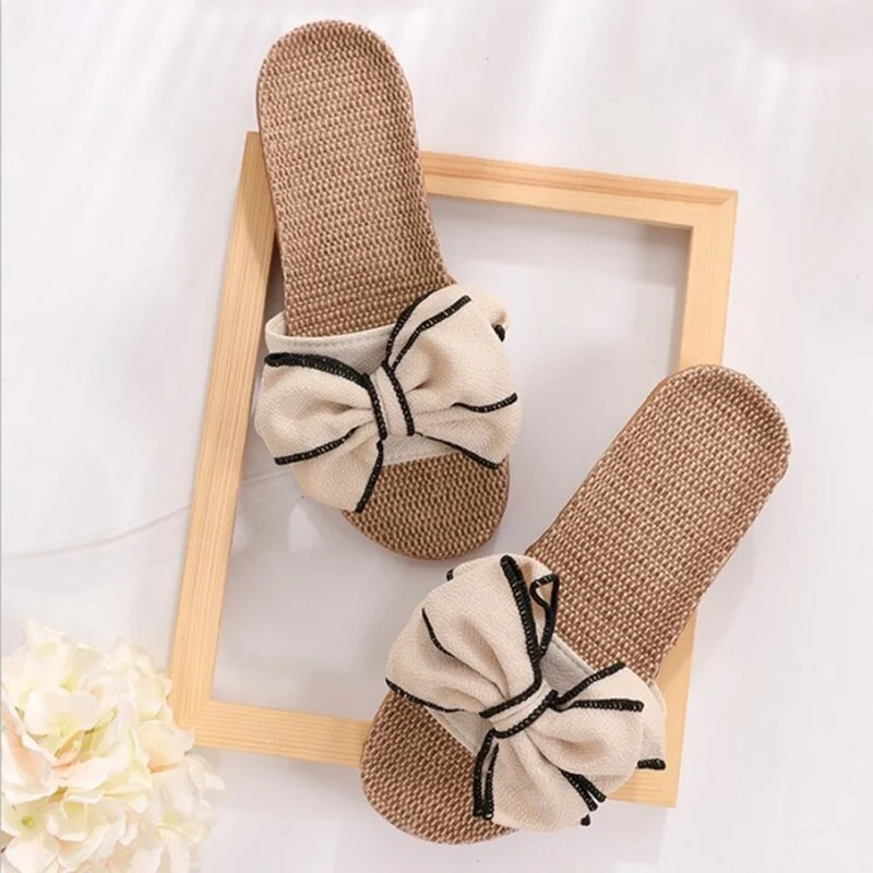 Women Casual Slides Comfortable Flat Slippers Striped Bow Linen Flip Flops Flats Sandals Ladies Indoor Shoes Chinelos Mulher
