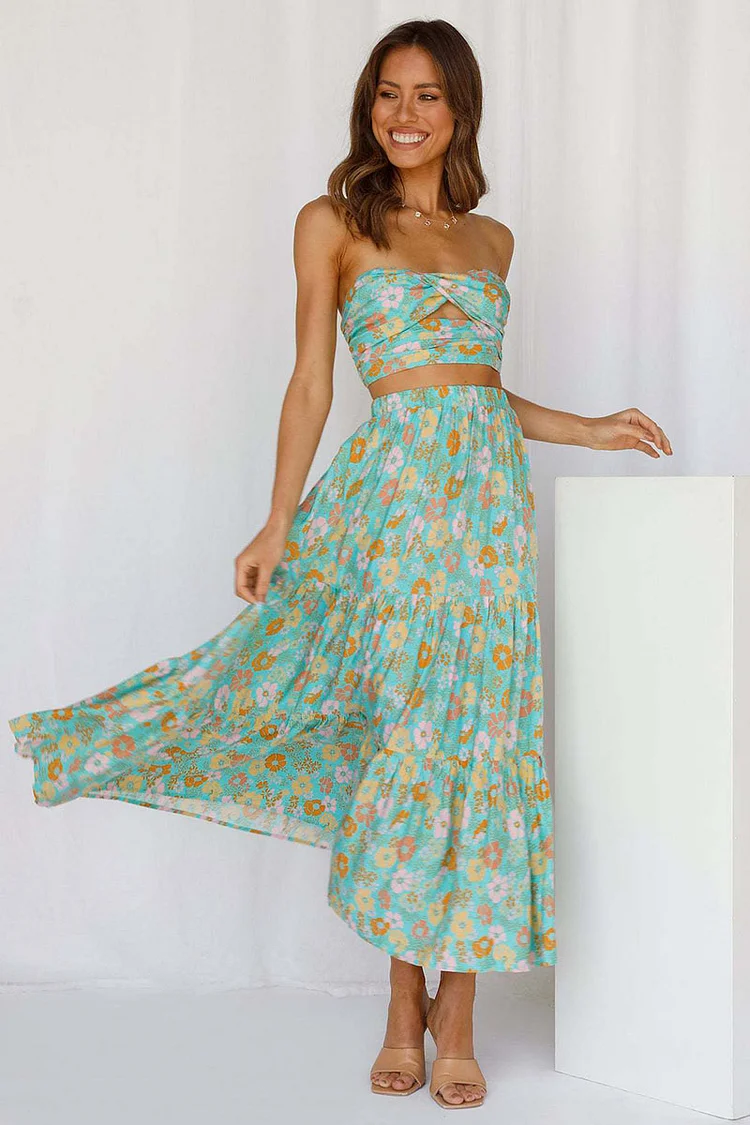 Boat Neck Cutout Tube Top Tiered Pleated Maxi Skirt Floral Print Vacation Matching Set