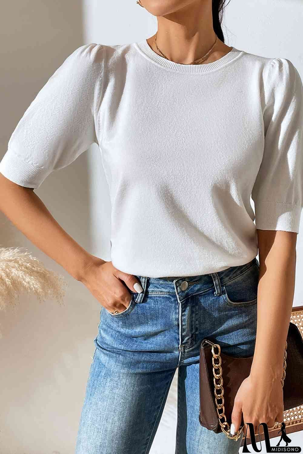 MidiSono - Round Neck Puff Sleeve Knit Top