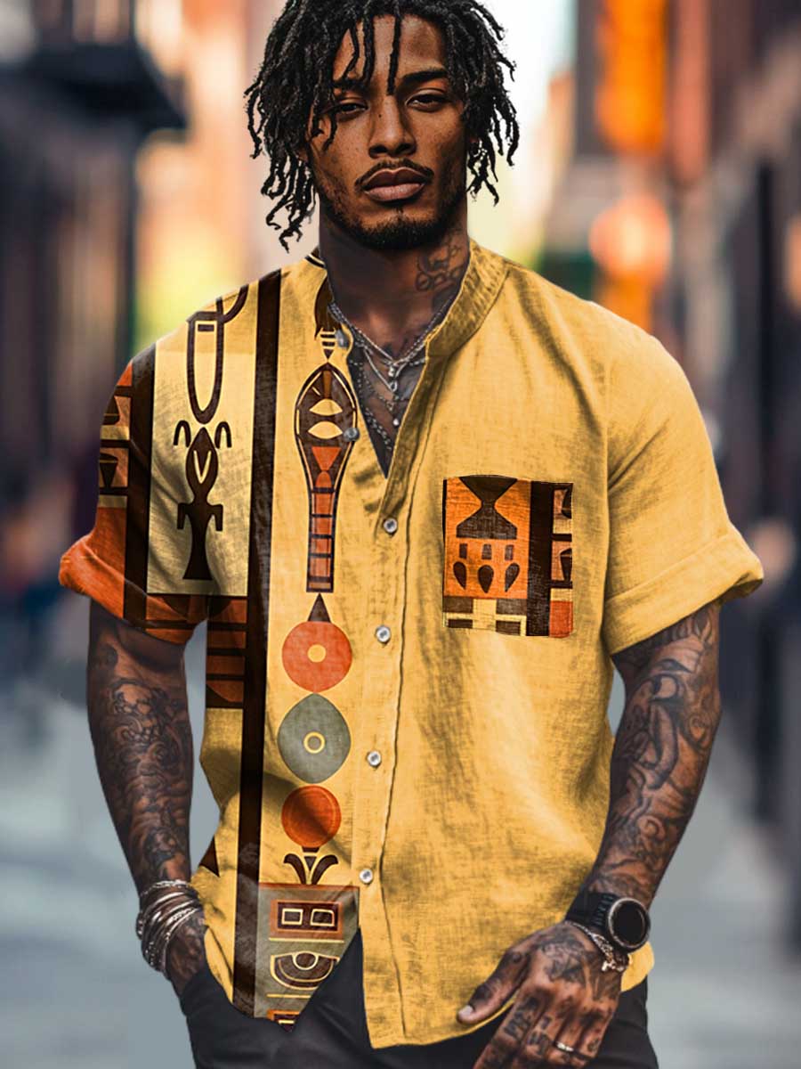Vintage African Art Patterns Vintage Print Casual 100% Cotton Shirt