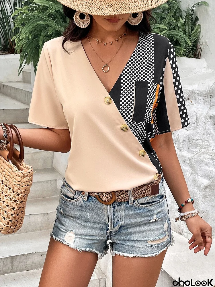 Plunge Flutter Sleeve Blouse with Pocket