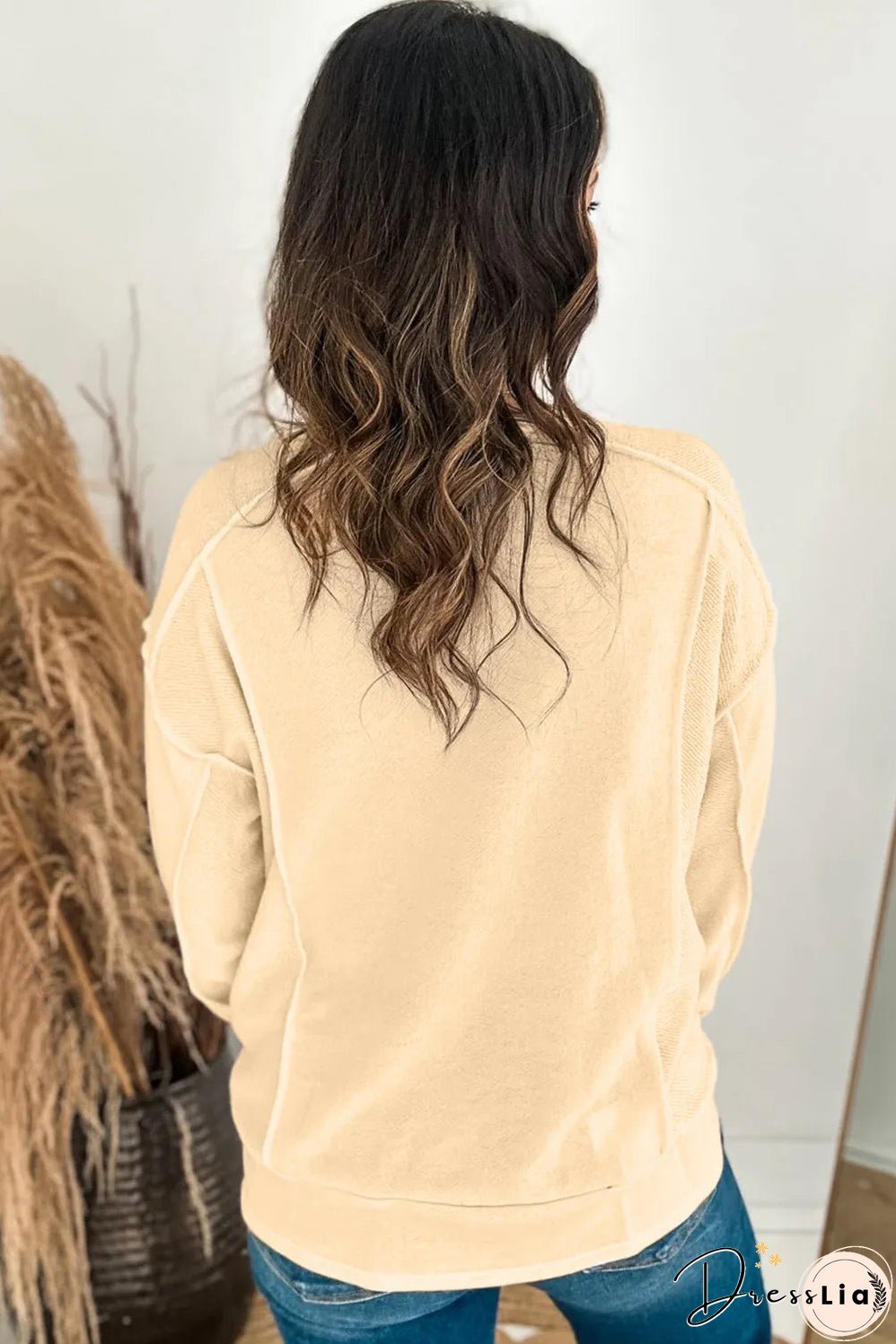 Beige Splicing Round Neck Pullover Sweatshirt