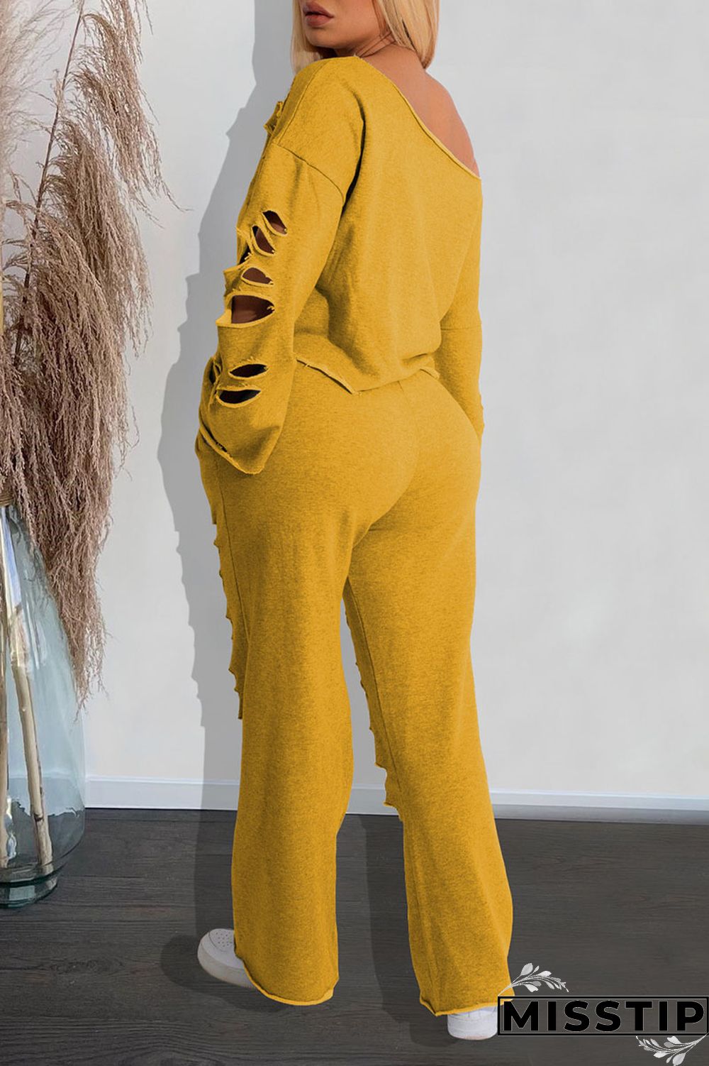 Yellow Casual Street Solid Ripped Hollowed Out Patchwork Oblique Collar Long Sleeve Two Pieces