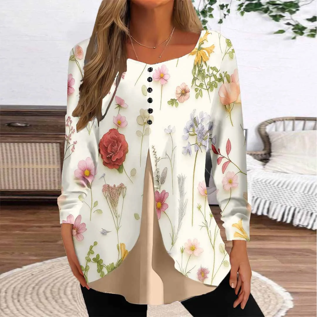 Women Floral,Apricot DZGG8364 Long Sleeve Scoop Neck Printed Graphic Button Fake 2in1 Tops