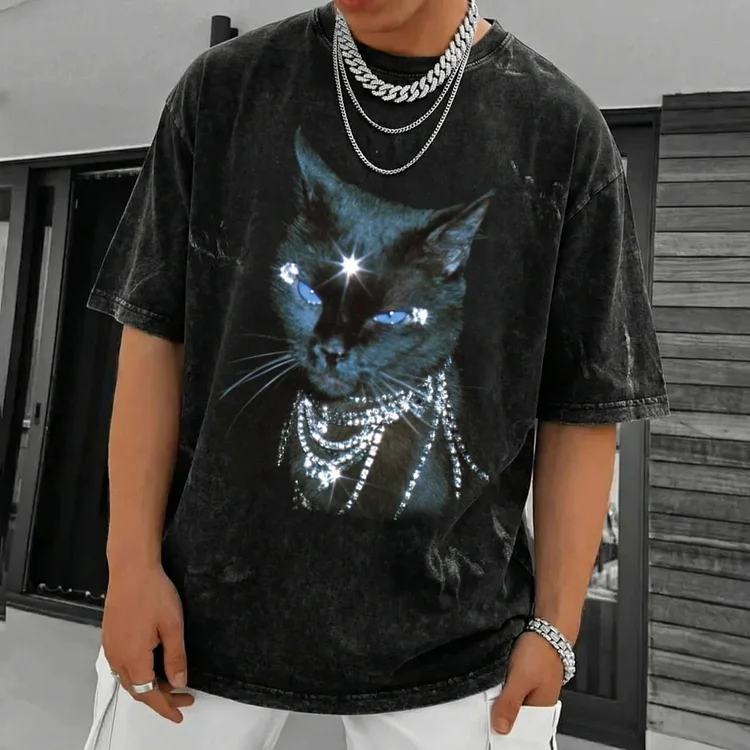 Cat Rhinestone Design Print Washed T-Shirt