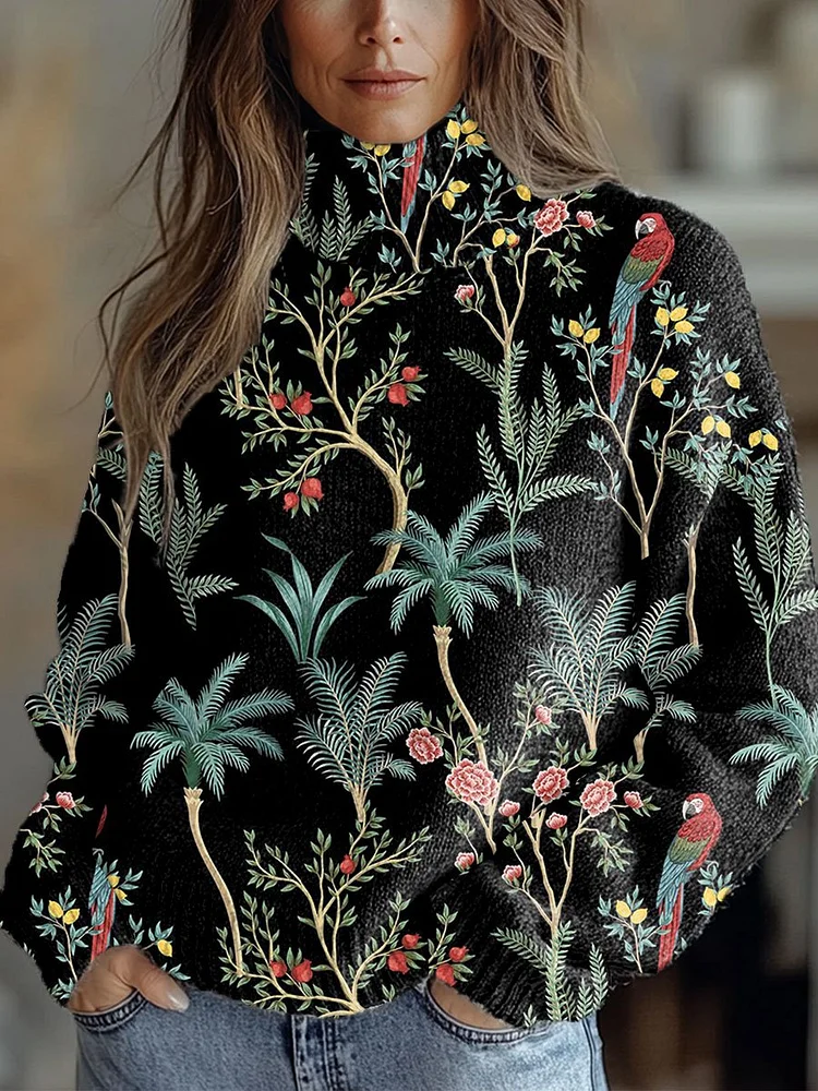 Birdsong Vintage Floral Art Print Knit Turtleneck Pullover Sweater