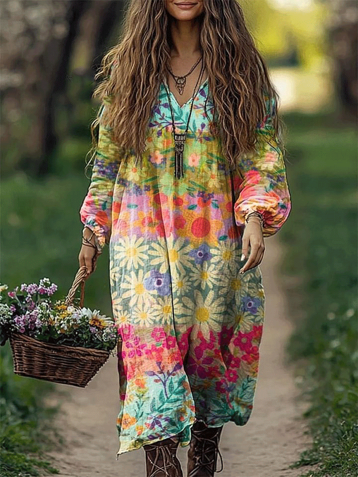 Women's Colorful Flowers Pattern Print Loose V Neck Pocket Cotton Dress
