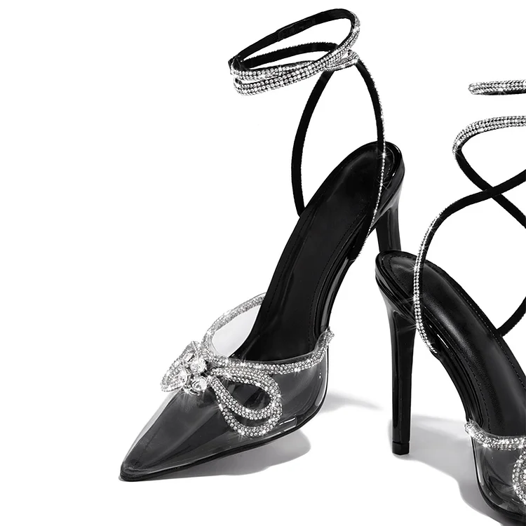 Pointy transparent Pumps Rhinestones Wrap Shoes Party Stiletto Bow Heels |FSJ Shoes