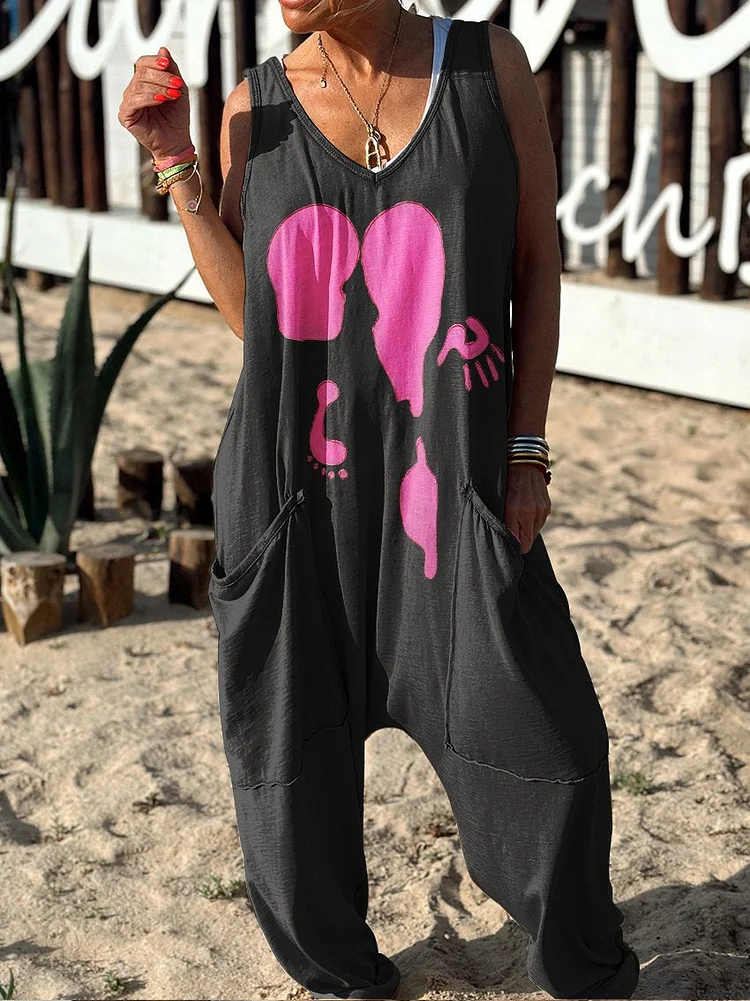 Abstract Pattern Hippie Art Print Casual 100% Cotton Wide Leg Jumpsuit