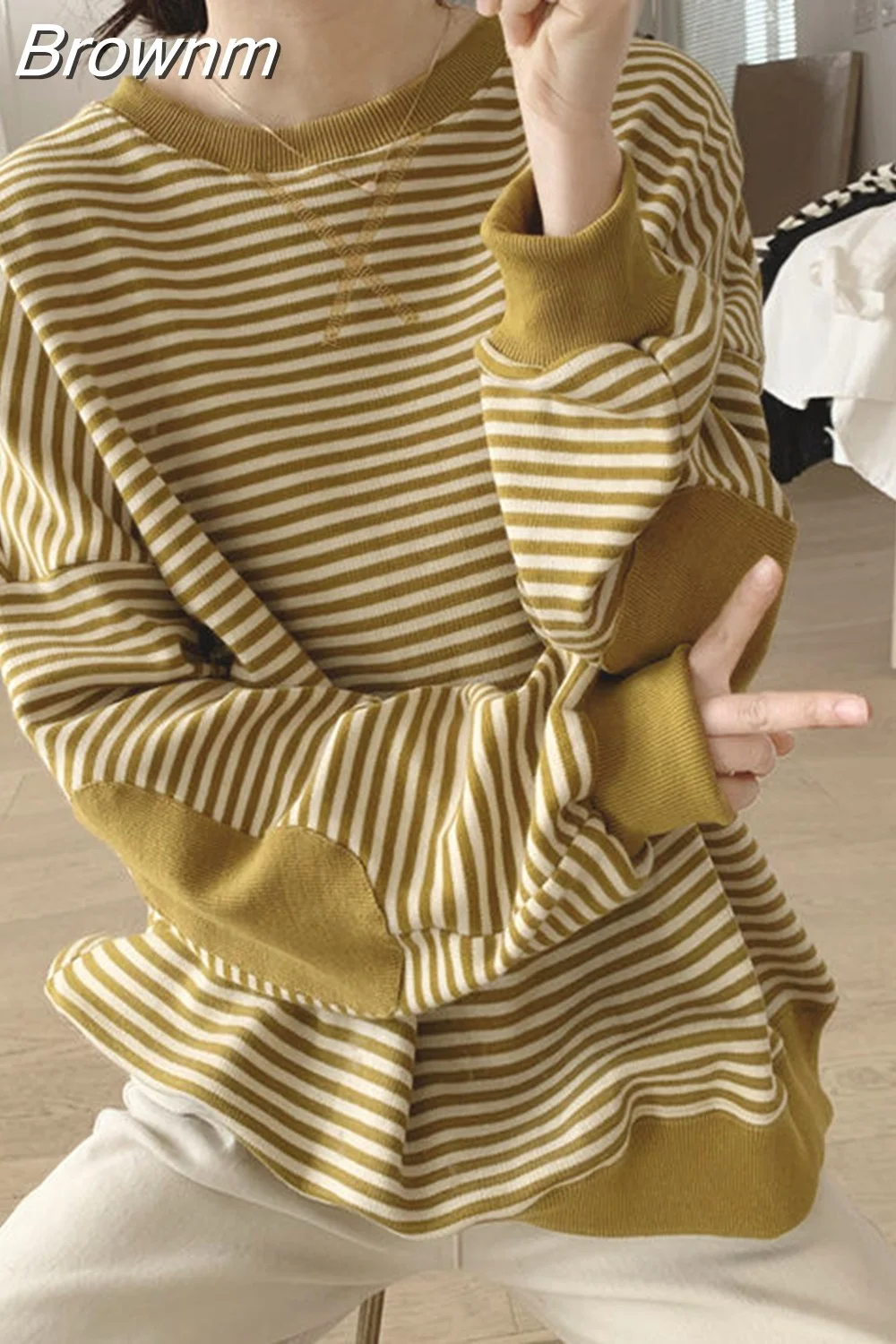 Brownm O-Neck Spliced Striped Korean T-Shirt Women Clothing 2023 Autumn New Oversized Casual Pullovers Loose Commute Tee Shirt