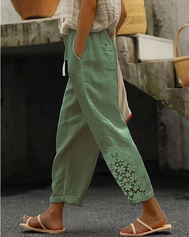 Solid Color Cotton Linen Lace Elastic Waist Cropped Pants Casual Pants
