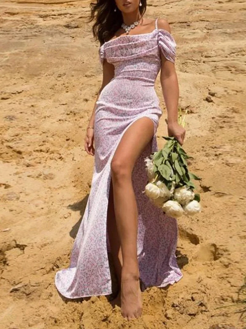 High slit floral suspender dress