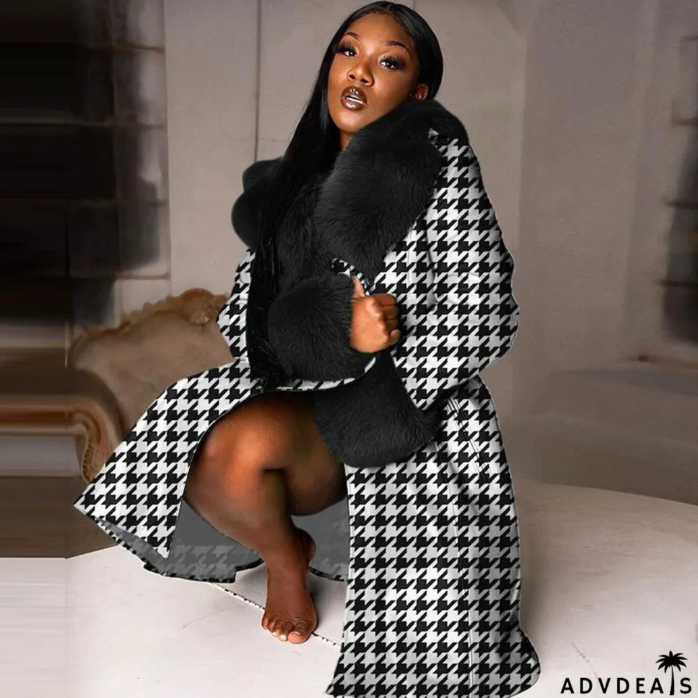 Plus Size Sexy Casual Printed Coat With Detachable Fur Collar