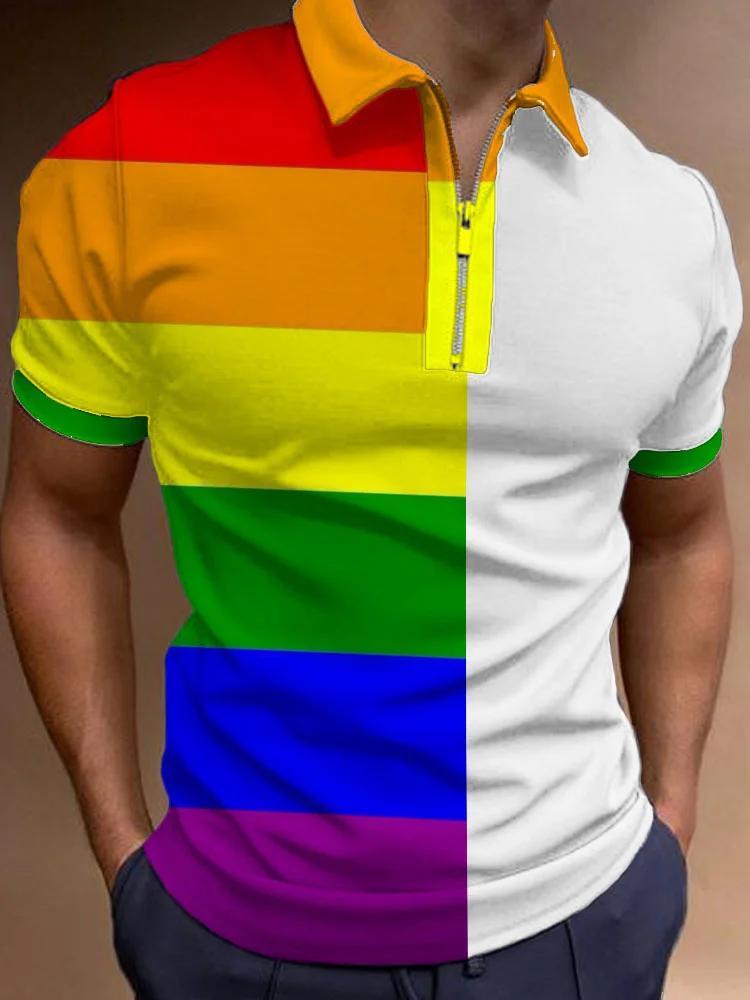 Rainbow Stripe Zip Up Polo Shirt