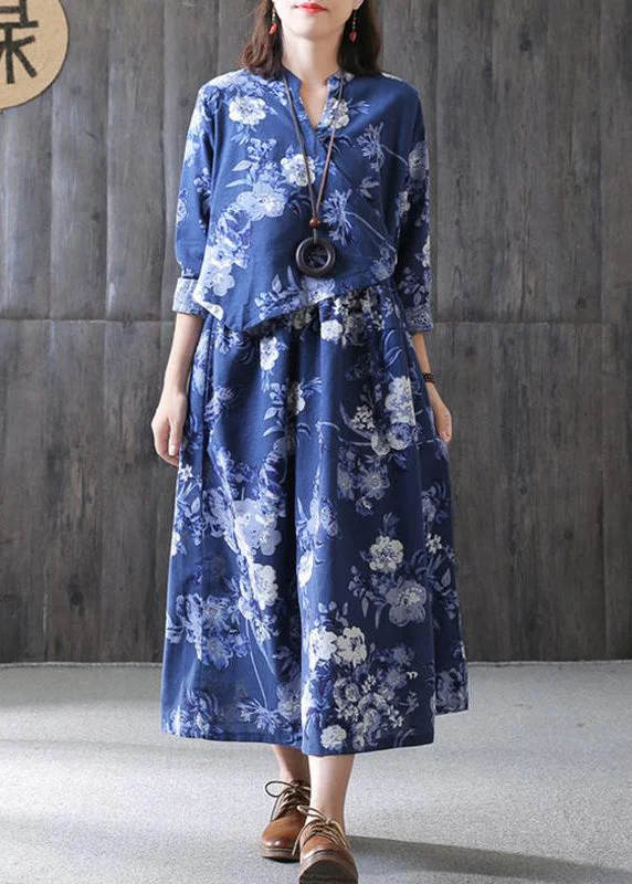 Italian cotton tunic dressFashion Floral Ethnic Loose V-neck Plus Size Dress