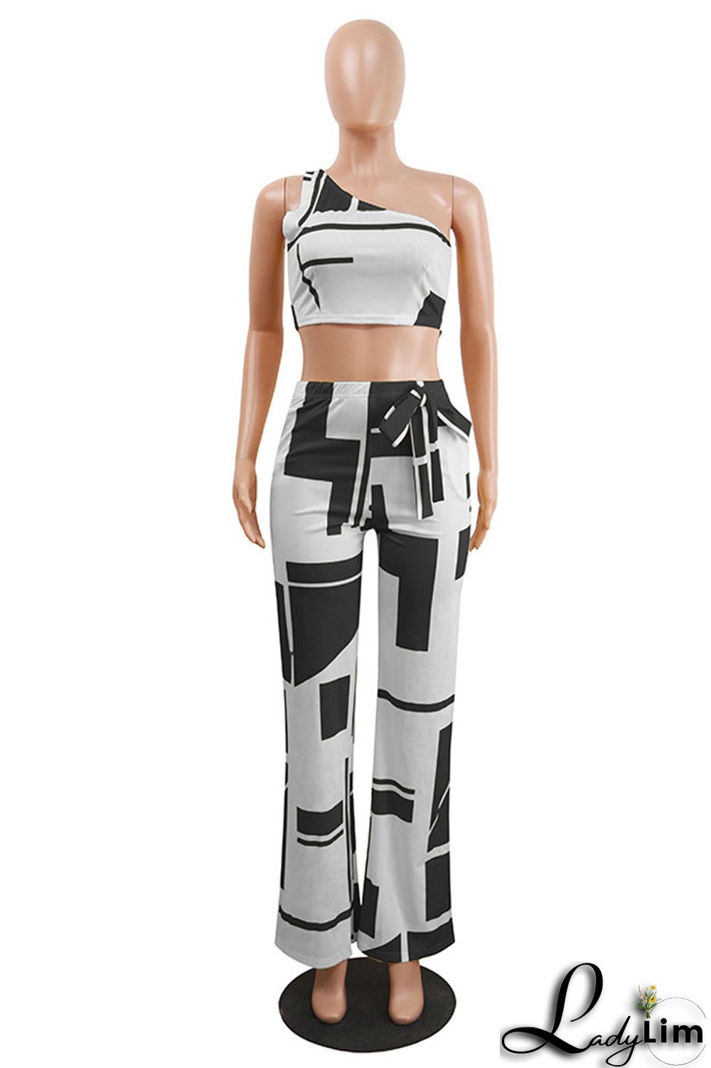 Black Sexy Casual Print Vests Pants One Shoulder Sleeveless Two Pieces