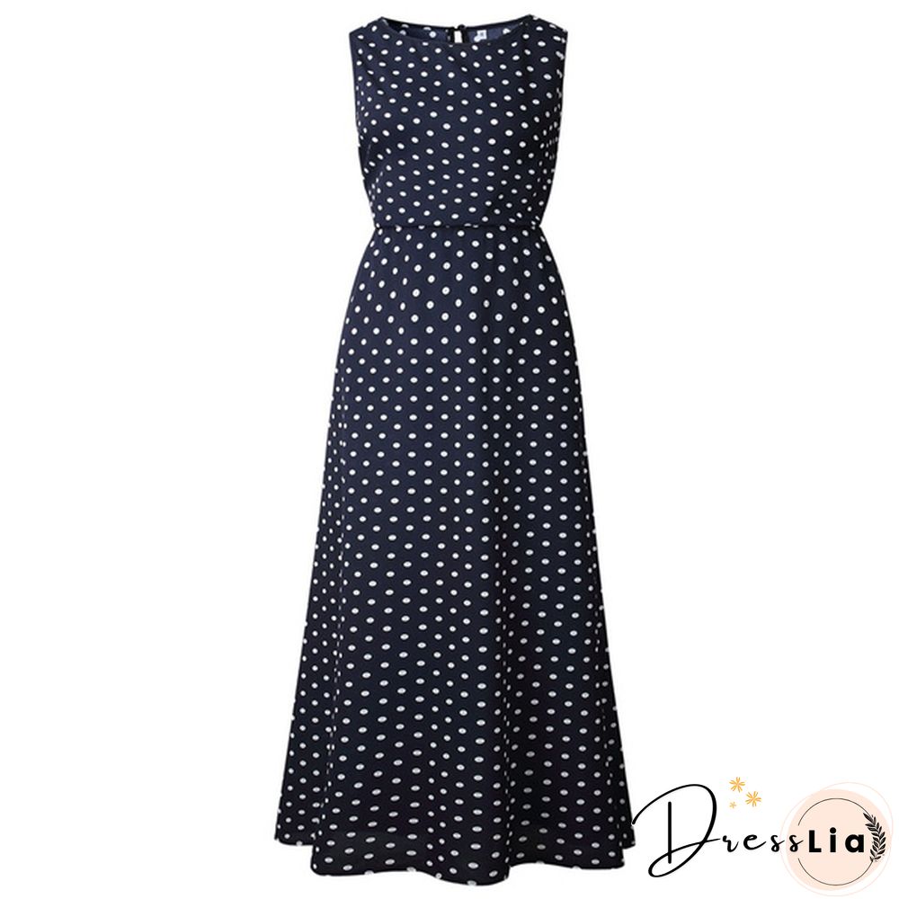 Holiday Summer Women Boho Sleeveless Maxi Polka Dot Dress Casual Beach Long Dress