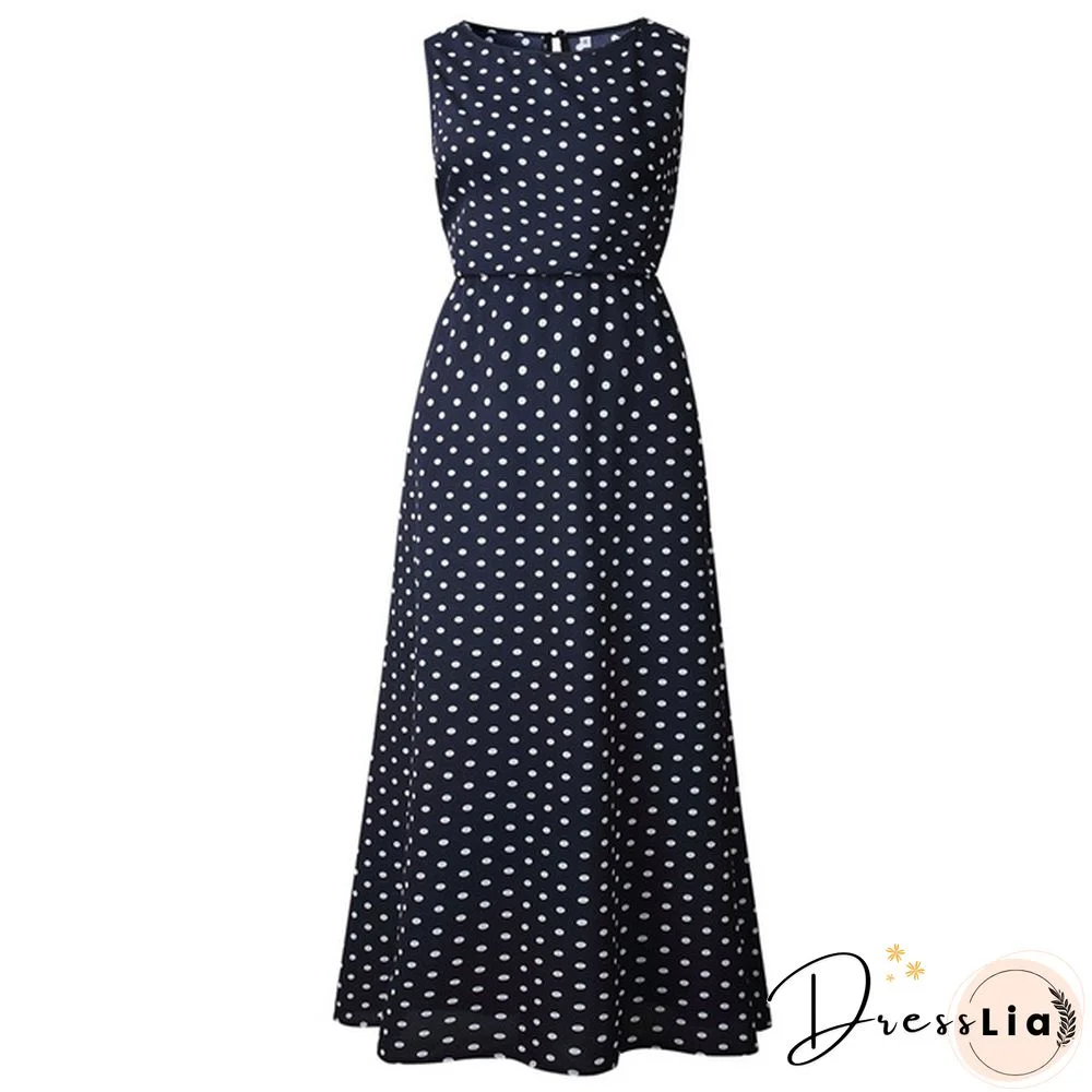 Holiday Summer Women Boho Sleeveless Maxi Polka Dot Dress Casual Beach Long Dress