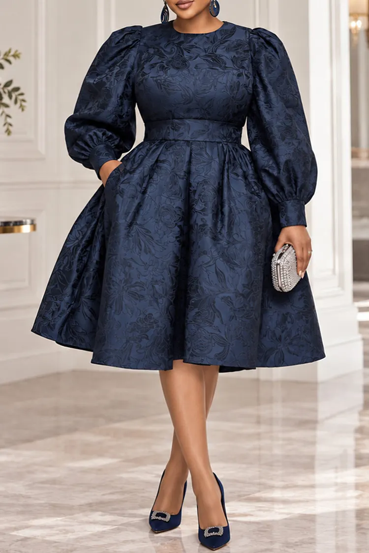 plus size casual formal dresses Xpluswear Design Business Navy Blue Round Neck Long Sleeve Pocket Satin Mini [Pre-Order] merchiq:updated