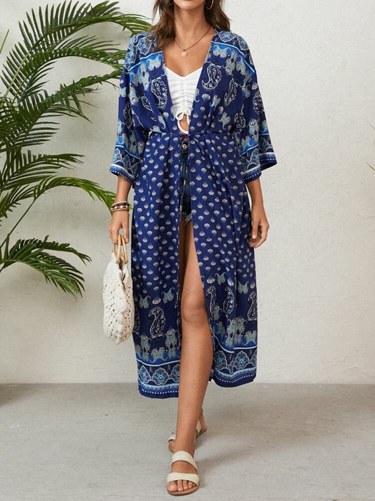 Cashew Flower Print 3/4 Length Sleeve Knotted Summer Holiday Bohemian Kimono P1858133