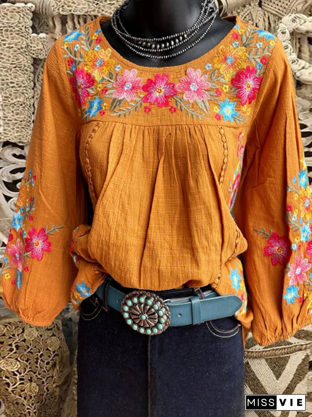 Boho Vintage Flowers A-Line 3/4 Sleeve Tops