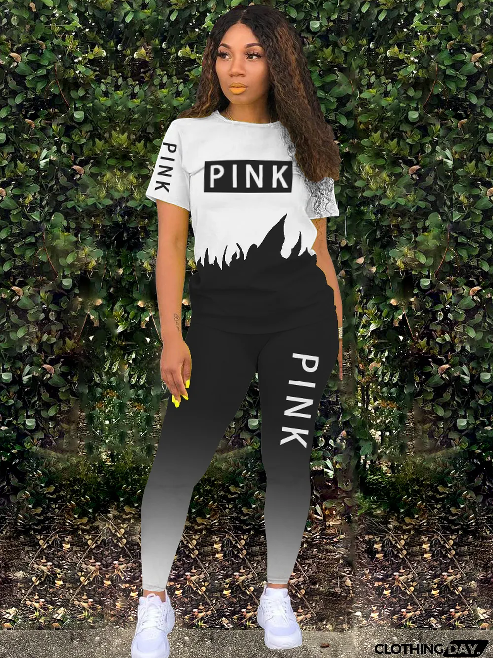 Two Piece Letter Print Contrast Gradient Shirt and Pants Set