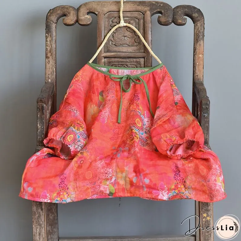 Linen Floral Print Spring Summer Shirt Short Sleeve