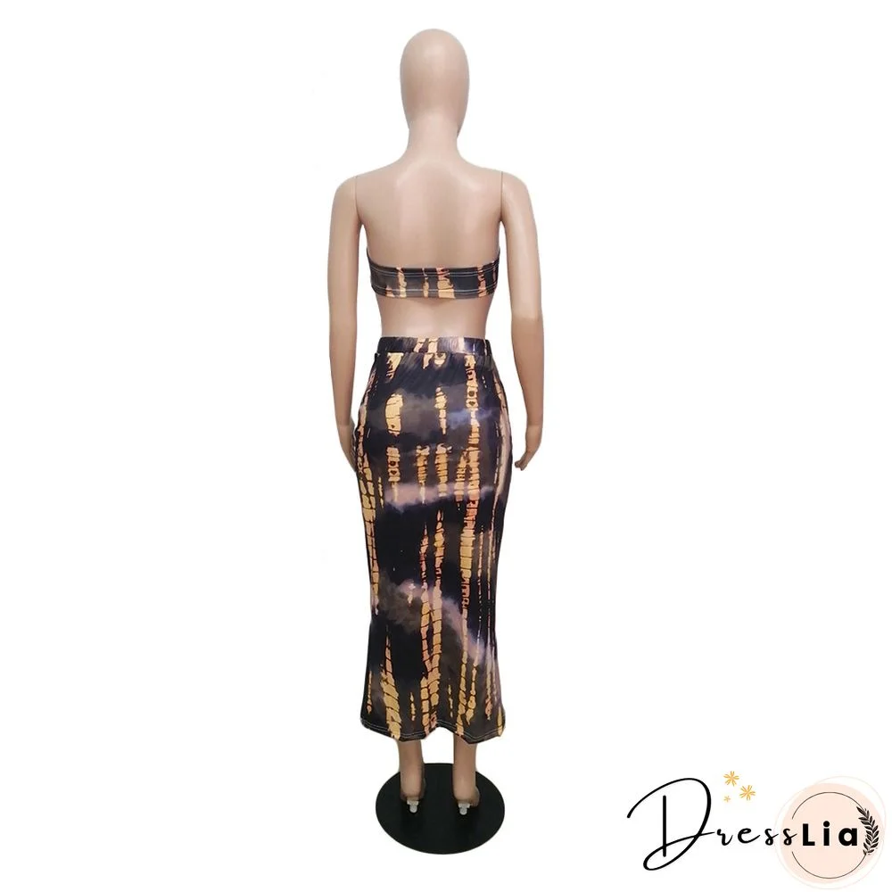 Summer Tie Dye Plus Size Fashion Clubwear Strapless Crop Top Maxi Skirts Women Sexy Two Piece Set