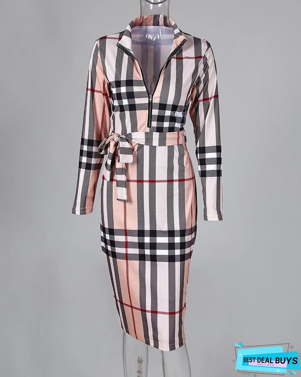 Grid Long Sleeve Zipper Front Bodycon Dress