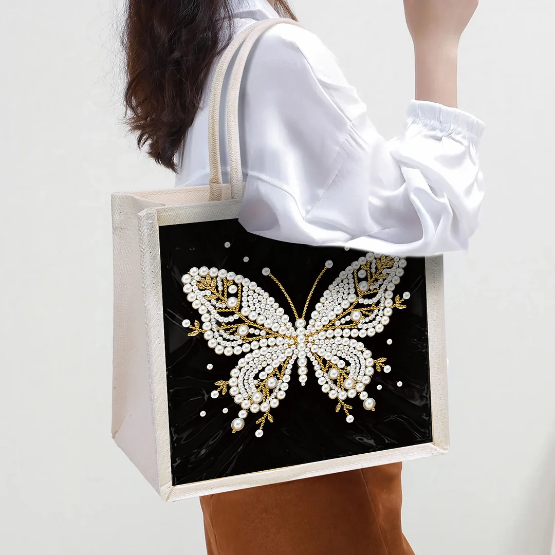 Pearl Butterfly DIY Diamond Painting Shopping Bag Crystal Painting Linen Tote Bags Waterproof Multi-Pocket Diamond Tote Handbag Large Capacity for Adults Beginners