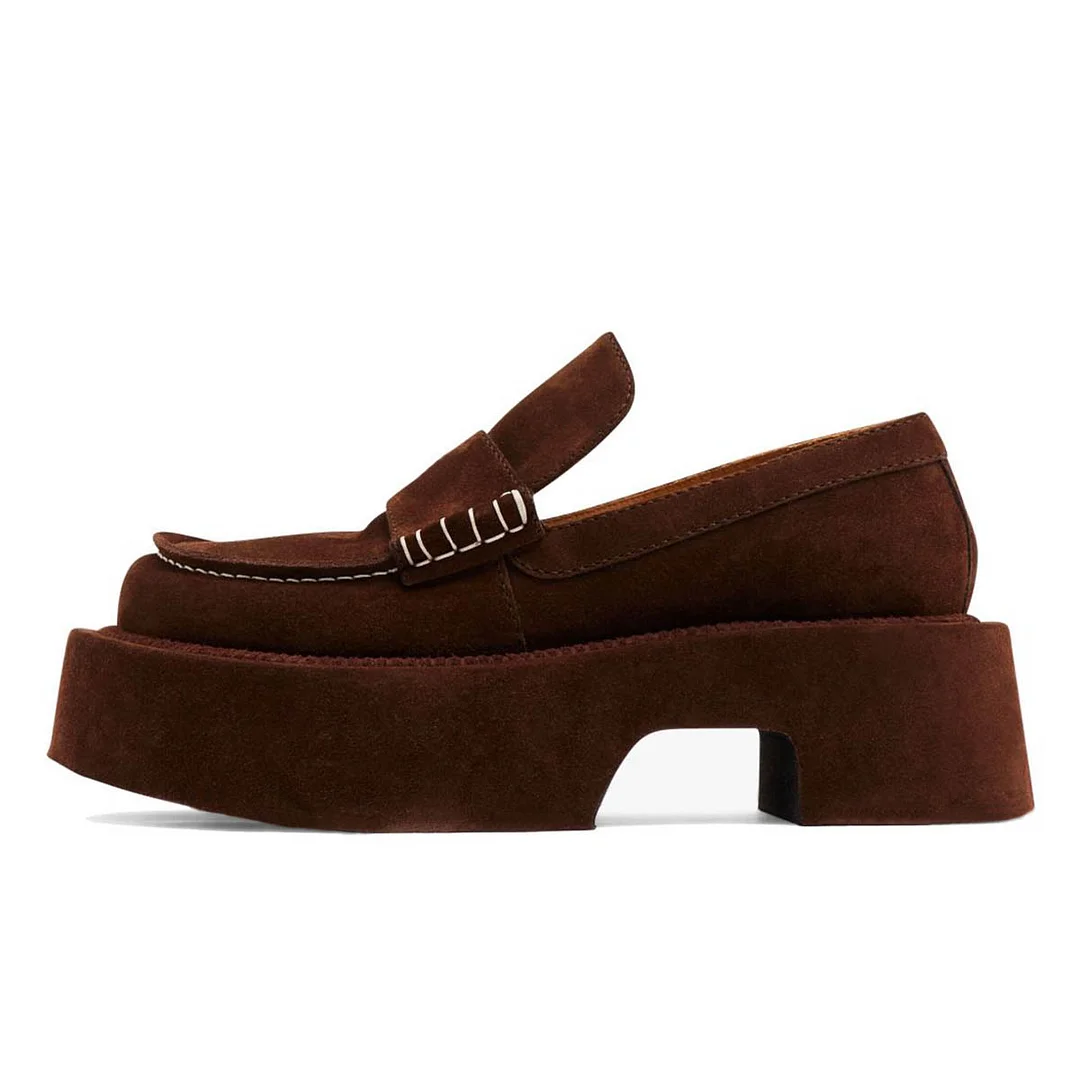 Dark Brown Vegan Suede Round Toe Classic Chunky Loafers Women