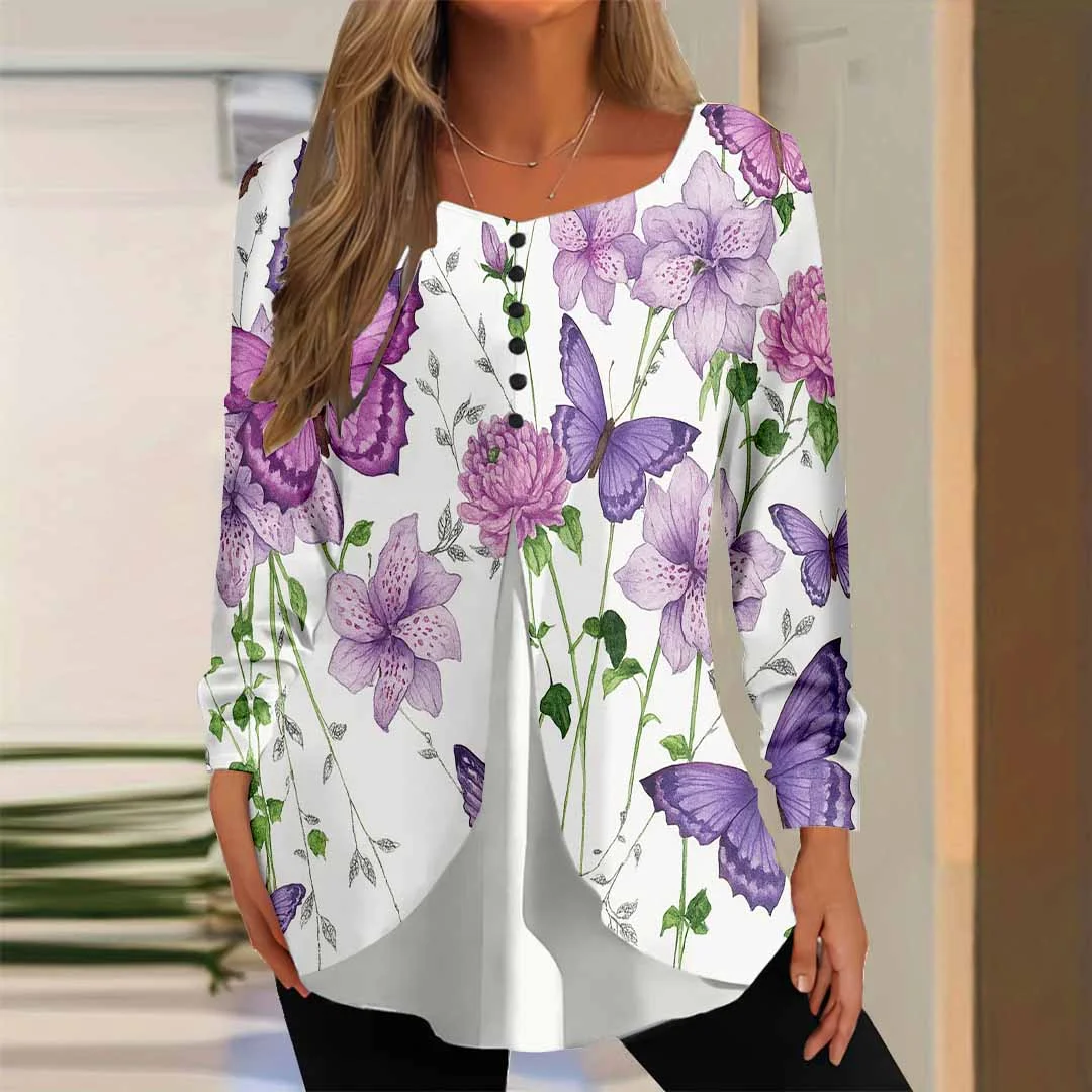 Women Graphic,Purple DZGG8321 Long Sleeve Scoop Neck Printed Graphic Button Fake 2in1 Tops