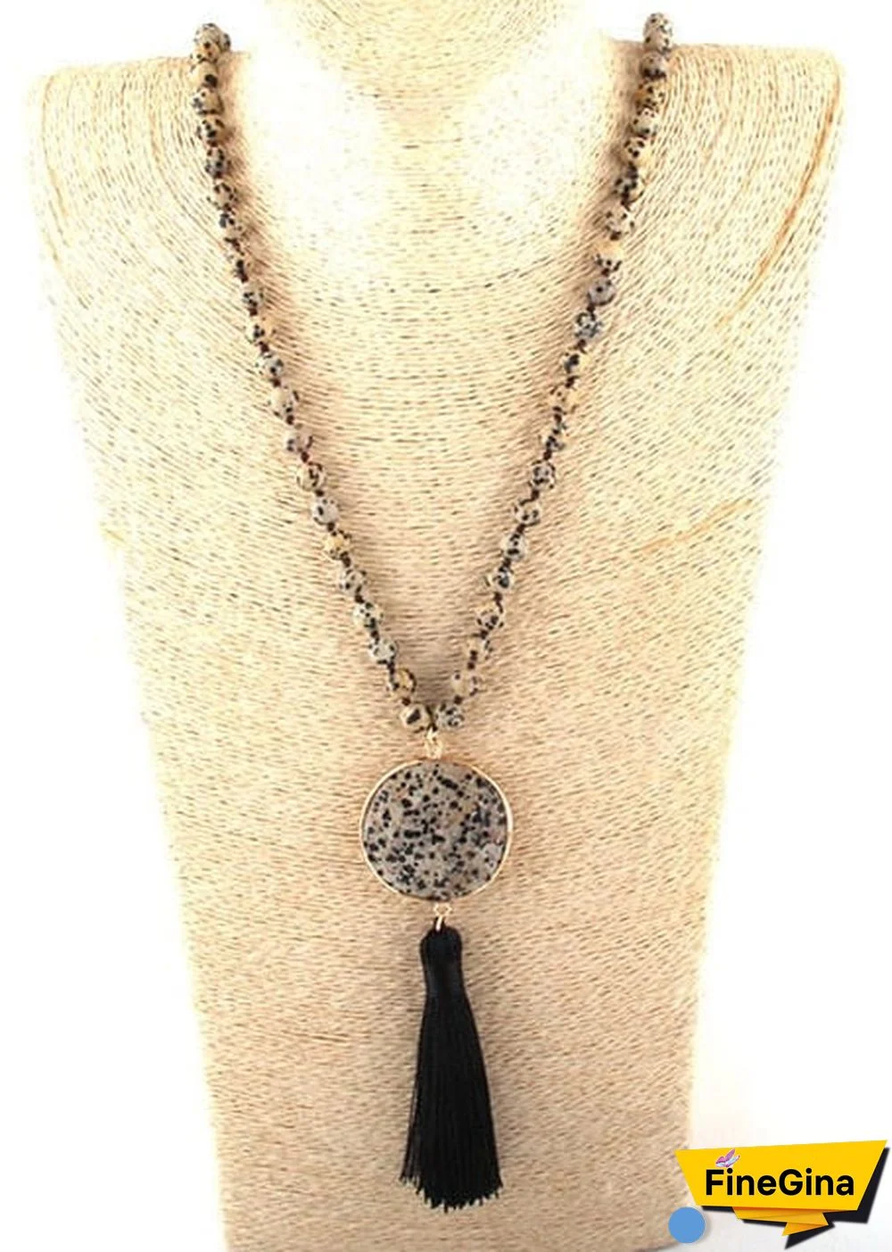 Boho Necklace, RH Amazonite Jasper, Circle Tassel Green White Natural Stone