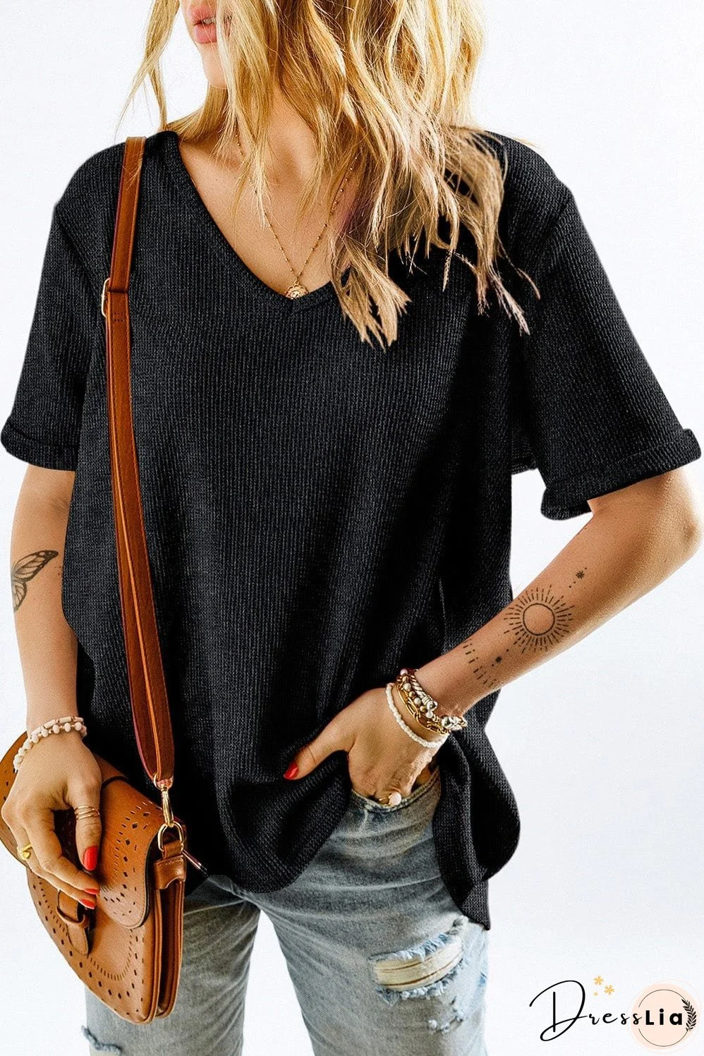 Solid Color Ribbed Knit T-Shirt